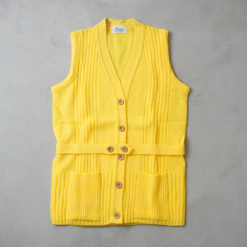 Vintage Wintuk Knit Cardigan Vest Medium Womens Yellow Ribbed Belted 70s